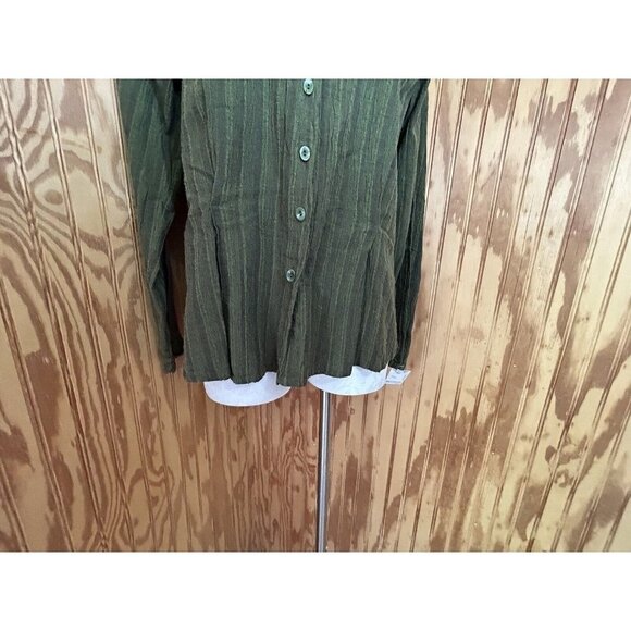 FLAX  Designs Womens NWT Button Down Long Sleeve 100% Linen Small Green Striped - Picture 2 of 8